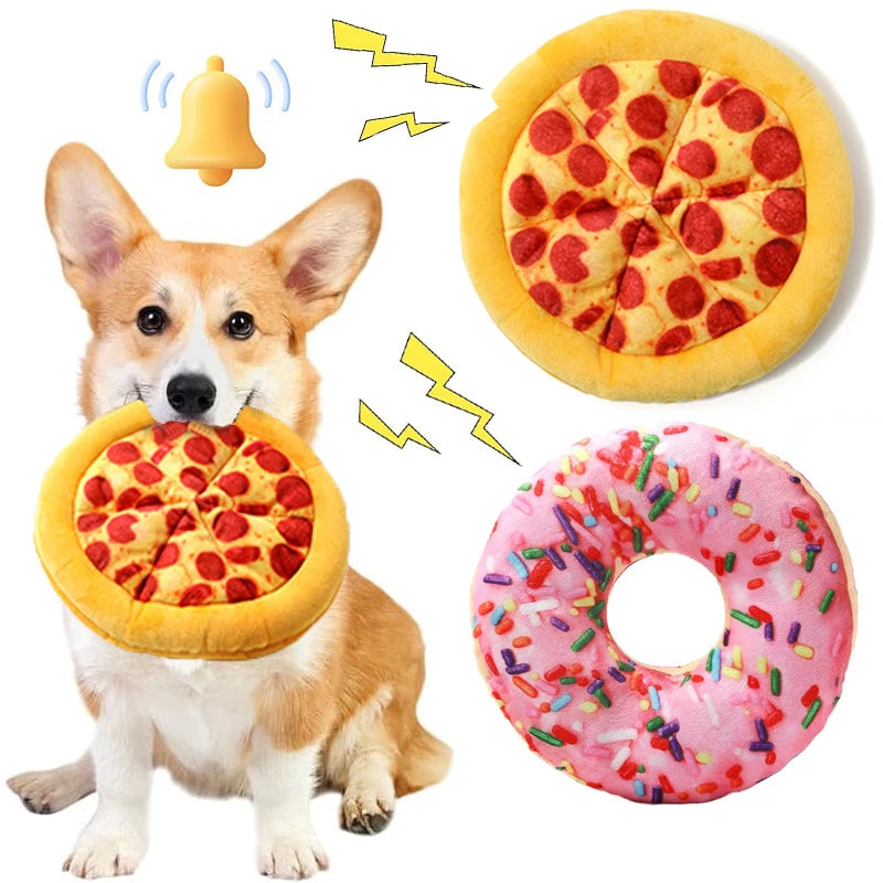 Plush Donut & Pizza Dog Toys – Squeaky Chew Set for All Breeds
