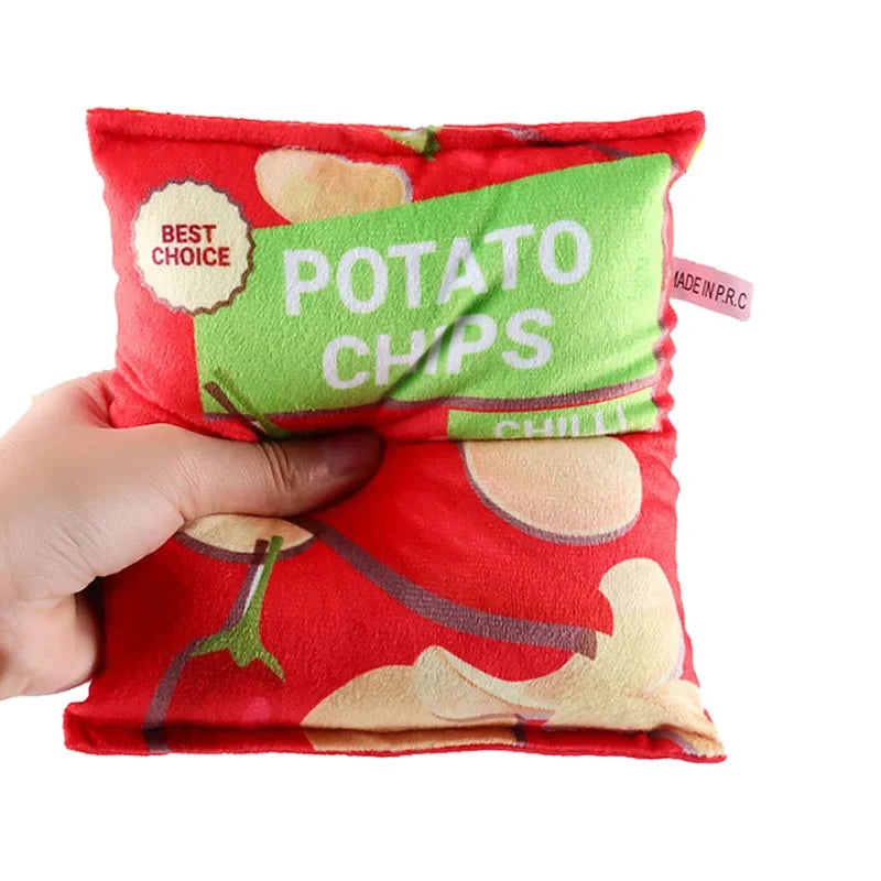 Plush Chips Bag Dog Toy – Funny Squeaky & Crinkle Toy for Small and Medium Dogs | Bite-Resistant and Soft