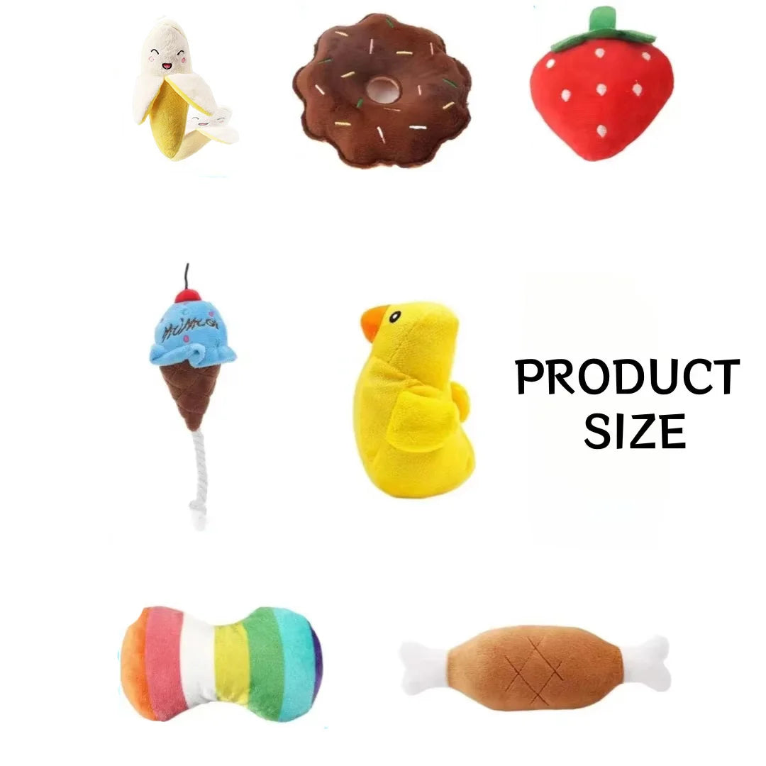 7-Piece Plush Fruit & Snack Dog Toy Set – Soft Squeaky Chew Toys for Puppies