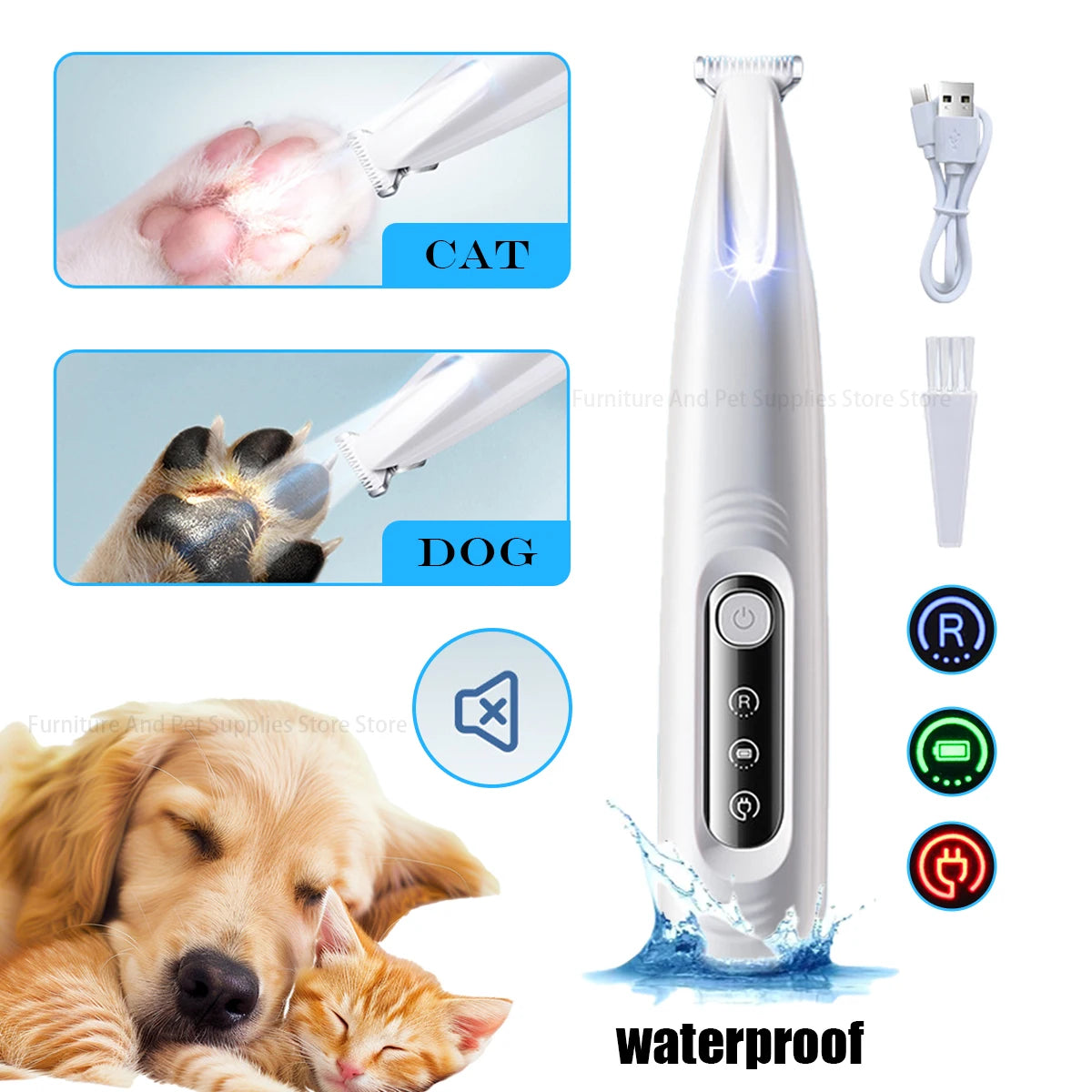 Smart Pet Paw Trimmer with LED Light – Waterproof Dog & Cat Grooming Clippers | Quiet, Rechargeable & Precise 18mm Blade