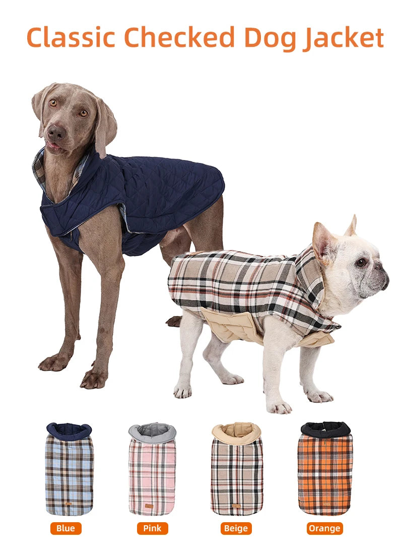 Reversible Waterproof Dog Jacket – Warm Checked Coat with Adjustable Fit