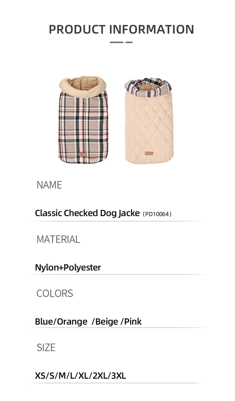 Reversible Waterproof Dog Jacket – Warm Checked Coat with Adjustable Fit
