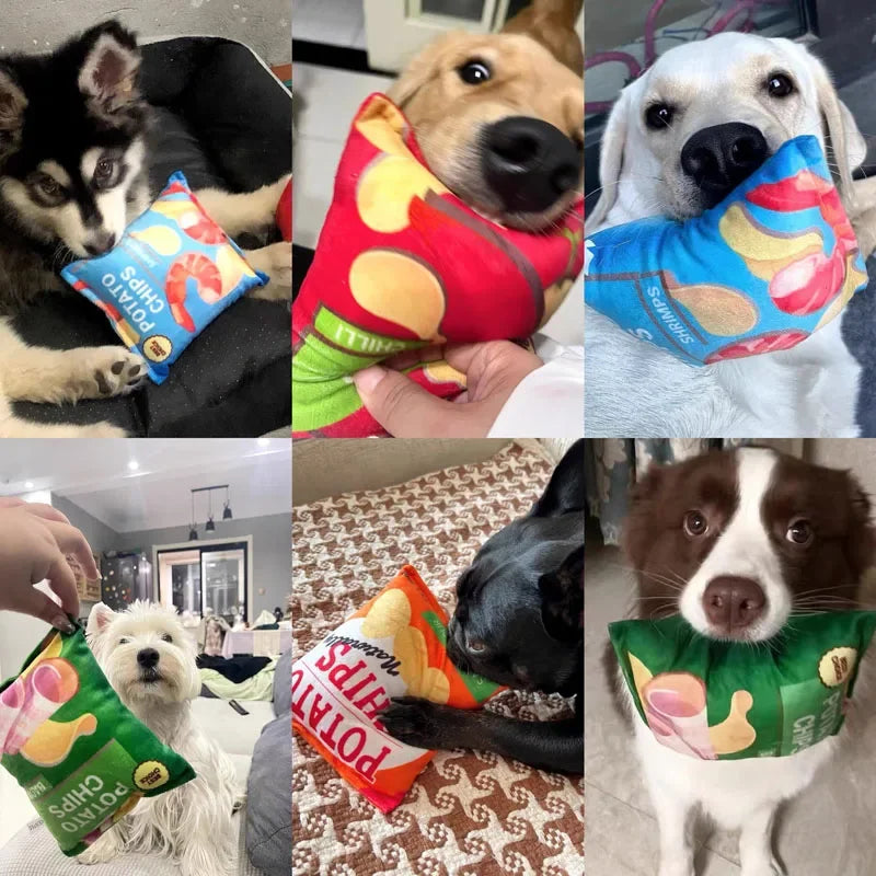 Plush Chips Bag Dog Toy – Funny Squeaky & Crinkle Toy for Small and Medium Dogs | Bite-Resistant and Soft